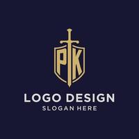 PK logo initial monogram with shield and sword design vector