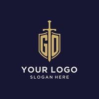 GO logo initial monogram with shield and sword design vector