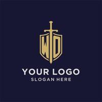 WO logo initial monogram with shield and sword design vector