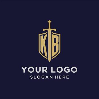 KB logo initial monogram with shield and sword design vector
