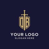 DB logo initial monogram with shield and sword design vector