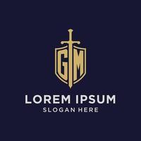 GM logo initial monogram with shield and sword design vector
