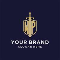 WP logo initial monogram with shield and sword design vector