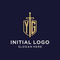 monograma inicial del logotipo yg con diseño de escudo y espada vector