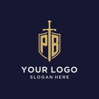 PB logo initial monogram with shield and sword design vector