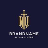 NV logo initial monogram with shield and sword design vector