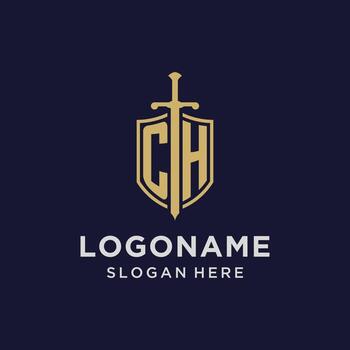 CH logo initial monogram with shield and sword design vector