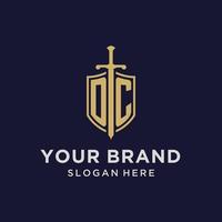 DC logo initial monogram with shield and sword design vector