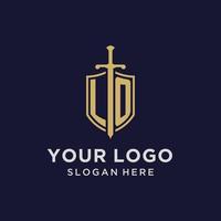 LO logo initial monogram with shield and sword design vector