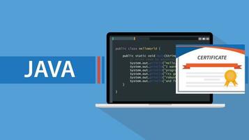 java programming language certificate with laptop and code script on screen vector illustration