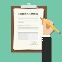 custom clearance hand signing a paper document work on clipboard vector