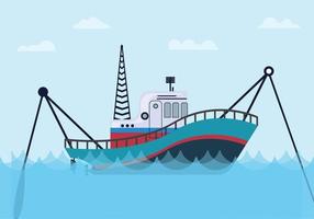 barco de pesca en el mar con océano azul e ilustración gráfica vectorial de estilo plano vector