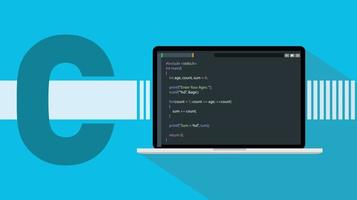 c lenguaje de programación nítido con computadora portátil y script de código en la ilustración de vector de pantalla
