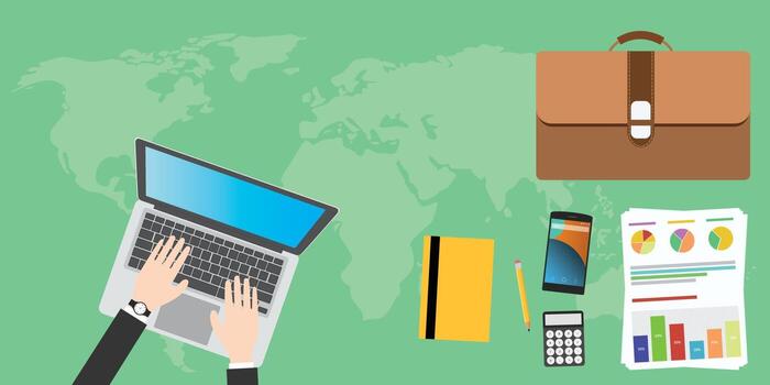 hombre de negocios cosas y herramientas teléfono inteligente, gráfico, documentos calculadora maletín portátil vector