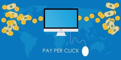 pago por clic mapa mundial pc dekstop y moneda de dinero vector