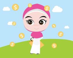 a moslem girl like shopping with shopping bags and gold money coins vector