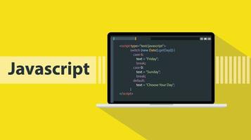 javascript programming language with script code on laptop screen vector graphic