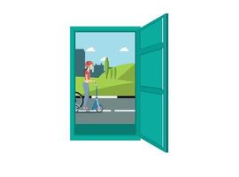 ilustración plana de una hermosa vista al abrir puertas y ventanas. ilustración adecuada para diagramas, infografías y otros recursos gráficos vector