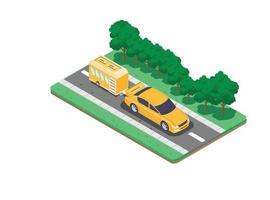 3d isometric pulling camping cart with car towards camping site. Vector Isometric Illustration Suitable for Diagrams, Infographics, And Other Graphic assets