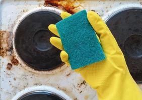 hand in yellow glove holding washup sponge against dirty electric stove photo