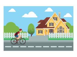 Flat illustration of biking walking through houses with friends and family.  Vector Illustration Suitable for Diagrams, Infographics, And Other Graphic assets