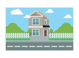 Flat illustration of roadside classic house view.  Vector Illustration Suitable for Diagrams, Infographics, And Other Graphic assets