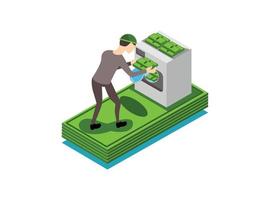 Money laundering and fraud infographic with criminal money laundering, bribe and corruption concept, offshore account, crime, prison, bank, coin, banknote icon, isometric vector illustration.