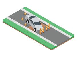 3d isometric illustration of a road accident, a car on a broken road.  Vector Isometric Illustration Suitable for Diagrams, Infographics, And Other Graphic assets