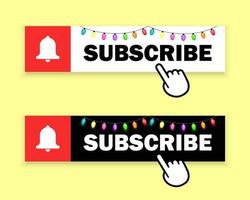 Subscribe button with hand cursor and colorful Christmas lights. Subscription to the social media like video channel, blog and newsletter. Vector design.