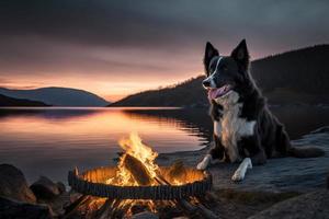 A dog sits next to a warm cozy campfire by the coastline in Norway, a rescue border collie who is very happy to be outdoors camping again. photo