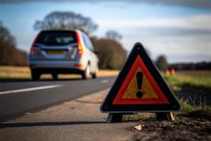 Hazard warning sign on the road as a car has broken down and likely to cause danger to the road or more traffic congestion problems photo