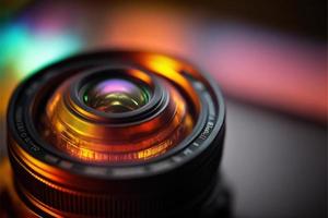 la colorida tapa trasera de la lente de la cámara se asienta sobre una mesa revisión técnica foto