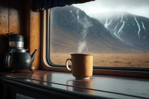 humeante taza de café en el alféizar de la ventana de una autocaravana - vida de furgoneta y vida lenta foto