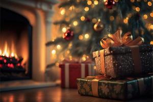 regalos de navidad junto al fuego abierto en la víspera de navidad con hermosas decoraciones navideñas foto