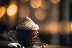 chocolate caliente en la cafetería en Navidad con una hermosa bebida especiada caliente dorada foto