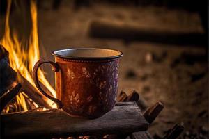 a steaming cup of coffee, nestled in the wilderness of Norway. The golden light of the campfire illuminates the cup, giving it a warm and inviting appearance. photo