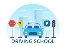 Driving School with Education Process of Car Training and Learning to Drive to Get Drivers License in Flat Cartoon Hand Drawn Templates Illustration vector