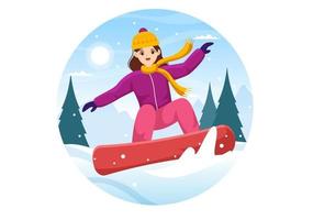 snowboard con personas deslizándose y saltando en la ladera de una montaña nevada o pendiente dentro de dibujos animados planos dibujados a mano ilustración de plantillas vector