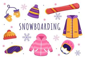 Snowboarding with People Sliding and Jumping on Snowy Mountain Side or Slope Inside Flat Cartoon Hand Drawn Templates Illustration vector