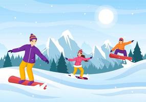 snowboard con personas deslizándose y saltando en la ladera de una montaña nevada o pendiente dentro de dibujos animados planos dibujados a mano ilustración de plantillas