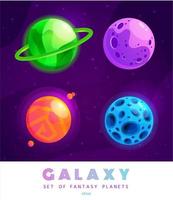 conjunto de vectores de planetas de dibujos animados. colorido conjunto de objetos aislados. fondo del espacio. universo colorido. Diseño de juego. planetas espaciales de fantasía para el juego ui galaxy. eps 10.