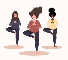 mujeres embarazadas en posición de yoga. ilustración vectorial moderna en estilo plano aislado sobre fondo blanco. colección estilo de vida saludable y relajación. concepto de embarazo feliz. vector