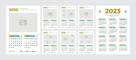 Plantilla de diseño de calendario de pared 2023. página editable y color con marcador de posición de foto. 2 meses en cada página del calendario y 12 meses en una página vector