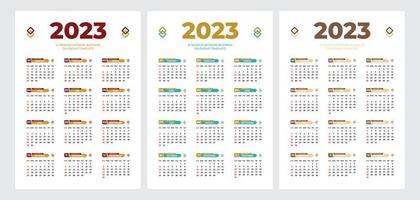 Plantilla de diseño de calendario de pared 2023. plantilla de página editable con tamaño a4 y 3 variaciones de color. 12 meses en un calendario de una página vector