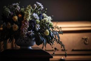 Funeral flowers presented upon a coffin at the event of someone's passing close-up photo