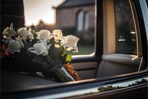 Funeral flowers presented upon a coffin at the event of someone's passing close-up photo