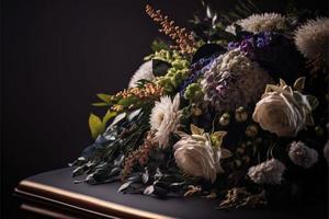 Funeral flowers presented upon a coffin at the event of someone's passing close-up photo