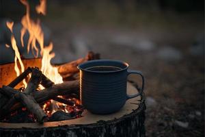 a steaming cup of coffee, nestled in the wilderness of Norway. The golden light of the campfire illuminates the cup, giving it a warm and inviting appearance. photo