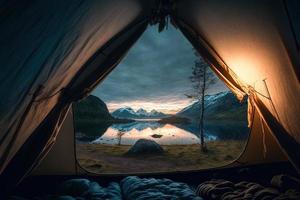 A beautiful photograph of the stunning landscape of Norway, as seen from inside a tent. The perspective from inside the tent adds a sense of coziness and serenity to the image.