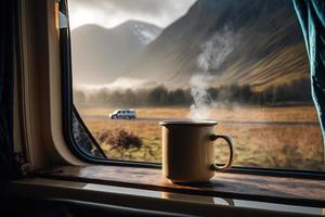 Steaming cup of coffee on the window sill of a campervan - Van Life and Slow living photo